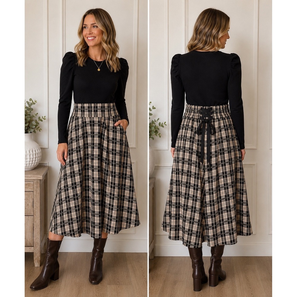 MSCH MASCH Brown Knit Plaid Midi Dress Puff Sleeve Lace-Up Back Size M